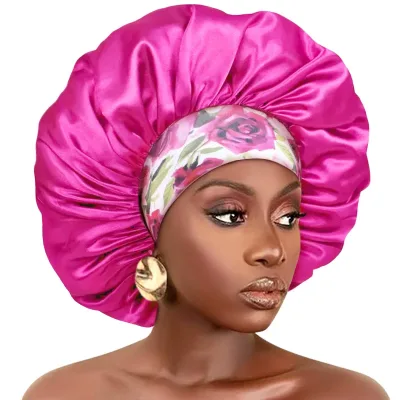 Large Women Satin Bonnet Night Hat Flower Print Elastic Wide Band Sleeping Cap Women Hair Care Shower Cap Hats Head Wrap