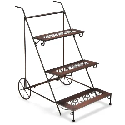 GOFLAME 3-Tier Metal Plant Stand, Ladder Shaped Rolling Garden Cart w/Wheels & Handle, Exquisite Pattern,