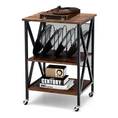 GOFLAME 3-tier Record Player Stand, Vinyl Record Storage Table with 3 M-shaped Dividers, 4 Rolling Wheels, Back Wire Fen