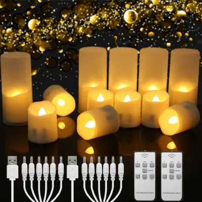 6Pcs/Set Rechargeable LED Candle Timer Remote Flickering Flames Wedding Candles Birthday Decor Tealights USB Charger Can