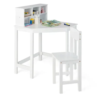 GOFLAME Kids Corner Desk & Chair Set, Children Study Table with Chair, Hutch