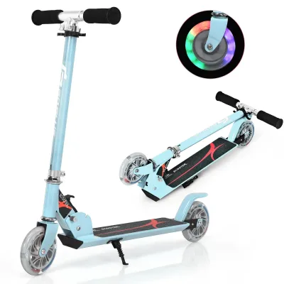 DORTALA Kids Aluminum Folding Stunt Scooter Adjustable T-Bar Push Kick Light Up 2 Wheels
