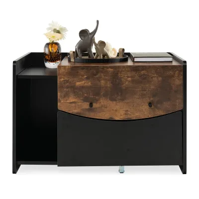 GOFLAME Cat Litter Box Enclosure, Wooden Cat House with Flip-Up Front Door, Pull-Out Drawer, Hanging Hook