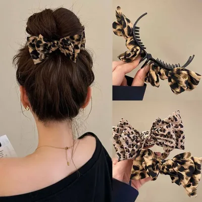 Vintage Leopard Print Bow Hair Grab Clip for Women