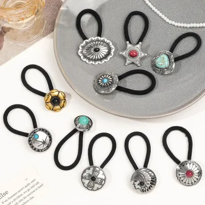 Boho Vintage Silvery Metal Hair Ties Ponytail Holder Ethnic Turquoise Black Elastic Bands Rope Scrunchie Women Hair Acce