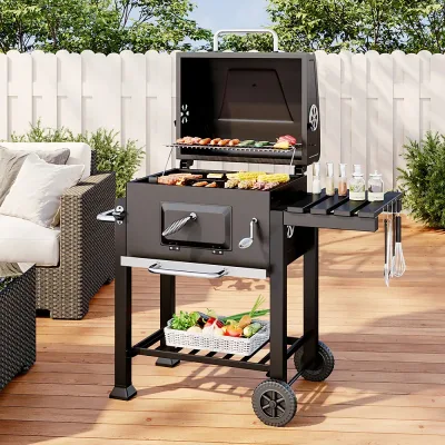 Charcoal BBQ Grill with Adjustable Tray Pull-Out Ash Tray and Wheels
