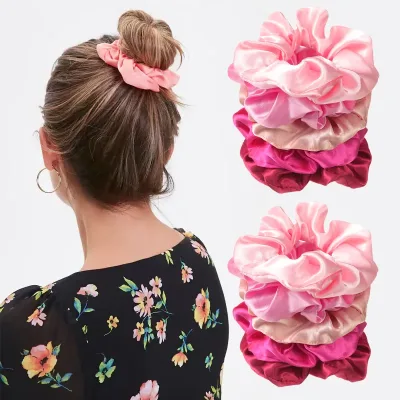 Satin Pink Silk Scrunchies Elastic Hair Ties 1 or 4 Pack