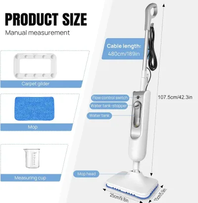 2 in 1 Steam Cleaner with Cleaning Attachments and 2 Replacement Pads - Steam Mop & Hand Steam Cleaner - Electric Floor 