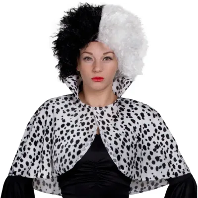 Ladies Dalmatian Print Collared Cape & Black/White Wig - Evil Dog L...