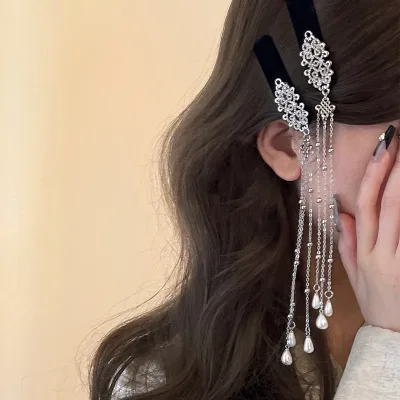 Neo Chinese Style Pearl Water Drop Chain Fringe Hair Clip