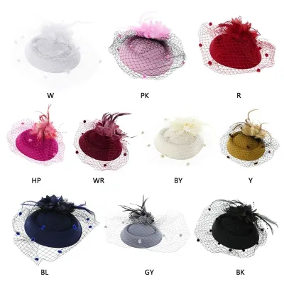 652F Womens Fascinator Hat Mesh Veils Flower Furry Pearls Beaded  Hair Clip Wedding Bridals Headwear
