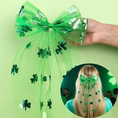 Tulle Bows Hair Barrettes For Women Cloverleaf Long Streamers Clip New Arrival Fresh Green Daily/party Girl Headwear Acc