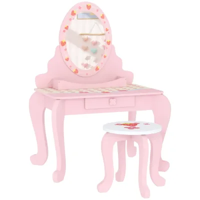 AIYAPLAY Children's Strawberry Vanity Table with Stool and Mirror Pink