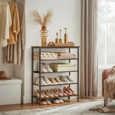 VASAGLE Shoe Stand 5 Tier, Shoe Storage Organizer Slim, with 4 Cloth Shelves and Top for Bags, Steel Frame