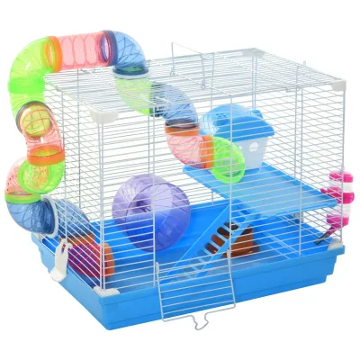 Pawhut 2 Tier Hamster Cage, Gerbil Cage with Exercise Wheels, Tunnel, Tube, Water Bottle, Dishes, Ladder, for Dwarf, Blu