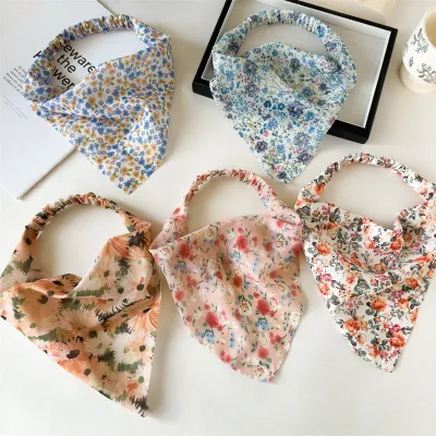 Elegant Print Flower Triangle Head Scarf Headband Fashion Chiffon Turban Hairbands Headwarp Bandana Girls Women Hair Acc