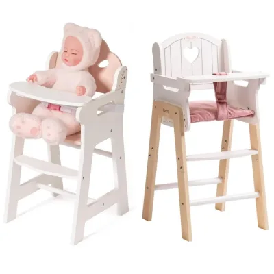 Robotime Robud Doll High Chair Pretend Play High Chair with Seat Belt White Wooden Baby Doll Accessories with Movable Ta