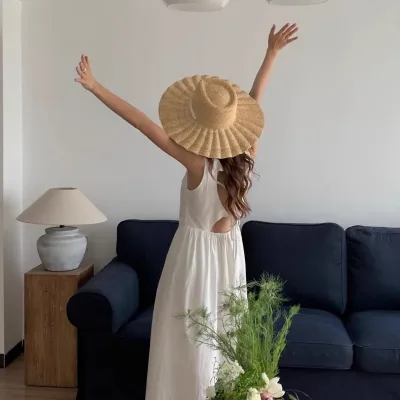 2025 New Handmade Straw Jazz Scallop Sun Hat Fashion Spring Summer Outdoor All-match Ribbon Sunscreen Big Brim Beach Str