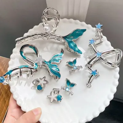 1pc blue fishtail metal grab clip large temperament beautiful starfish hairpin，back of the head shark clip hair ornament
