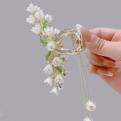 Flower Pearl Tassel Hair Clip Back of Head Korean Temperament