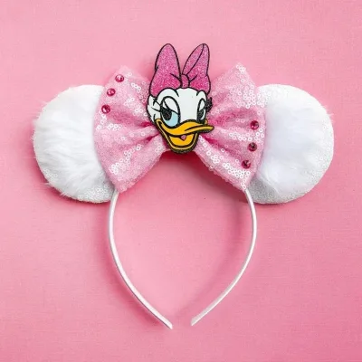 Fine Disney Pink Daisy Duck Bow Hairbands White Fluff Mickey Mouse Ear Headband for Adults Women Girls Hair Accessories 