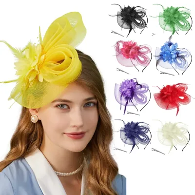 Feather Mesh Ribbon Fascinator Headband or Clip Wedding Cocktail