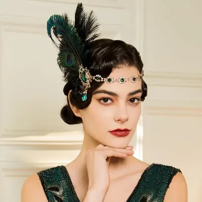 1920s Great Gatsby Flapper Peacock Feather Headband Showgirl