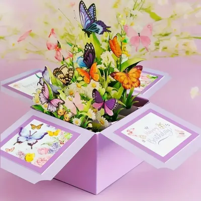 1pc 3D Pop-Up Birthday Greeting Card - Floral and Butterfly Design for Any Recipient, Handwritten Note FeaturePaper Cons image 1