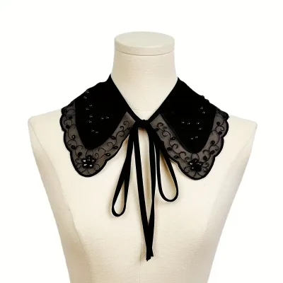 New organza embroidered pearl decorative shawl with black and white small collar, nail bead tie, versatile style, fake c