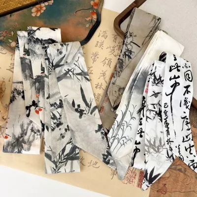 Retro Long Ink Painting Silk Scarf Minimalist Style Ribbon Long Silk Scarf Hair Rope Neckerchief Ribbon Headband Lady