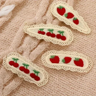 2pcs Cute Hairpins, Colorful Knitted Cherry and Strawberry Hairpins, Lace Floral Oval Hair Accessories, Cartoon Style Ac