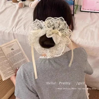 Sweet Double Layered Lace Flower Hair Scrunchies For Women Long Ribbon Bow Hair Tie Girls Big Ruffles Hair Bands Hair Ac