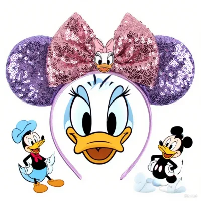 Disney Pink Daisy Duck Bow Hairbands Purple Sequins Mickey Mouse Ear Headband for Adults Women Girls Hair Accessories Ki