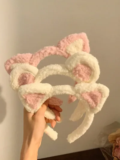 1pc Pink Cat Ear Plush Bear Face Wash Headband For Women, Makeup Tool And Facial Mask Hairband, Cute Hair Tie