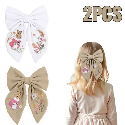 Rabbit Embroidery Bow Hair Clip Sweet Girls Bunny Bowknot Hairpin Handmade Fabric Children's Headdress Headwear Kids Acc