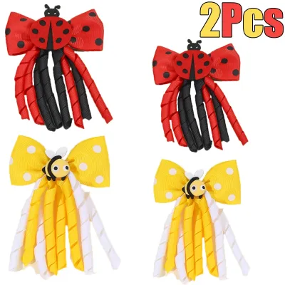 2Pcs Cute Bees Ladybug Hair Clips Insect Ponytail Hairpin Girls Kids Children's Trendy Animal Playful Headwear Hair Acce