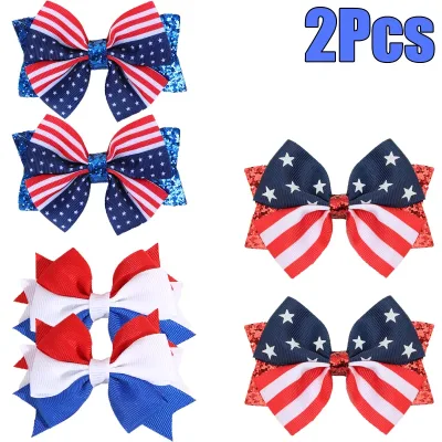 2Pcs USA Flag Bow Hair Clip Ribbon Patriotic American Flag Design Red White Blue Bow Barrettes For 4th Of July Party Acc