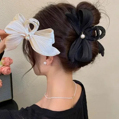 Mesh Bow Hair Clip for Woman Elegant Temperament Large Shark Clip Fashion Girl Ponytail Hair Clamp