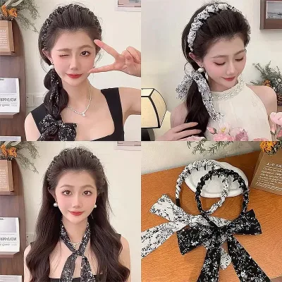 Elegant flower Wave Hairbands for women streamer tied hair integrated headband  Non-slip head bands dot tourism Hair Hoo