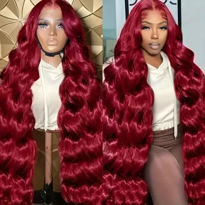 44 46 Inch 99j Burgundy 13x4 13x6 Body Wave HD Lace Front Wig Human...