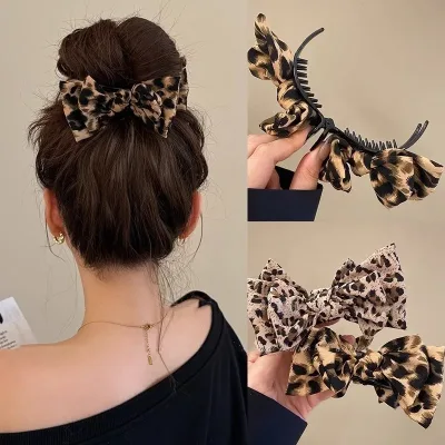 1PC Leopard Bow Marble Head Grab Clip Advanced Sense Net Red New Temperament Fashion Plate Fixed High Ponytail Hair Clip