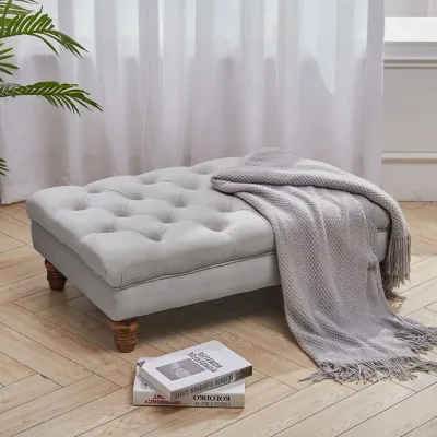 Vintage Button Multifunctional Rectangular Footstool with Gourd Shaped Legs Velvet Bedroom Resting Decorative Footstool