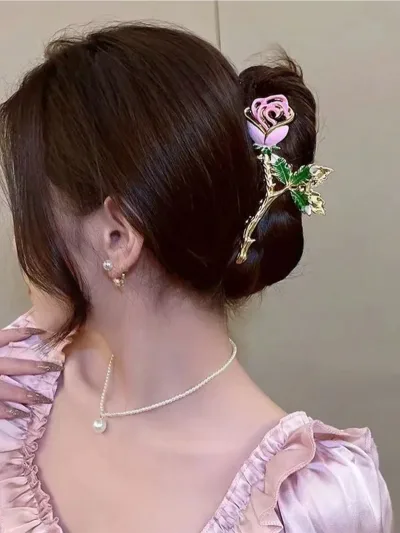 Pink Rose Flower Hair Claw Clip for Women Girls Elegant