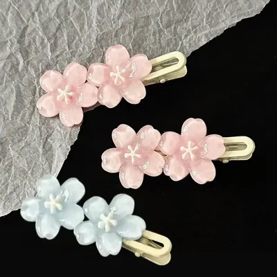 Jelly Cherry Blossom Hair Clips Pink Blue Flower Hairpins for Girl Romantic Wave Side Bangs Barrettes Kawaii BB Hair Acc