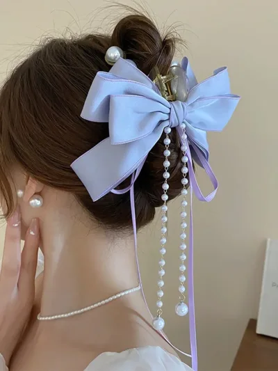 Bow Pearl Tassel Chain Hair Claw for Women Girls Party