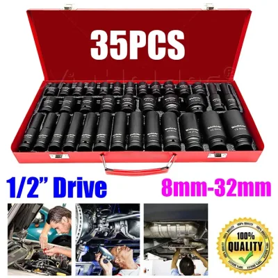 35pcs Heavy Duty Deep Impact Socket Set 1/2" Metric 8-32mm Wall Spi...