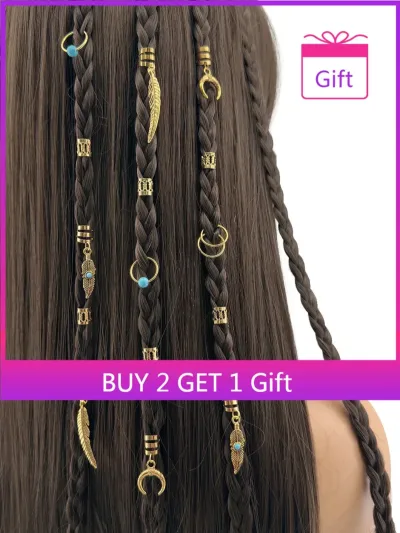 Turquoise Stone Feather Moon Braid Hair Cuffs Boho Dreadlock Rings