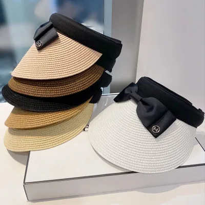 Summer Empty Top Raffia Straw Hat Women Outdoor Travel Beach Sunscreen Anti Uv Riding Sun Hat Girl Big Brim Bow Visor Ca
