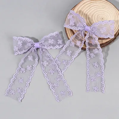 2Pcs Lace Bow Hair Clips Purple Embroidered Floral Hairpins For Women Girls Wedding Bridal Party Headdress Accessories H