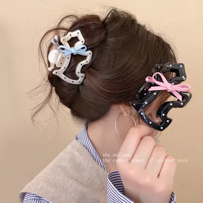 1pc bowknot polka dot dog claw clip, cute girl half-up bun shark hair clip, high-end hair accessory headwear